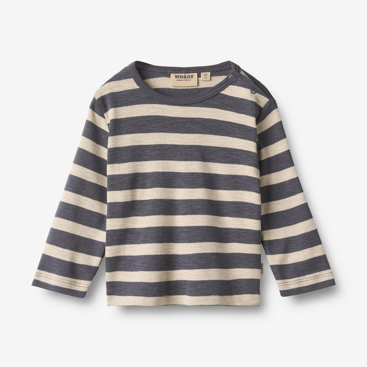 Grey and cream striped organic cotton long sleeve t-shirt for kids with snap buttons