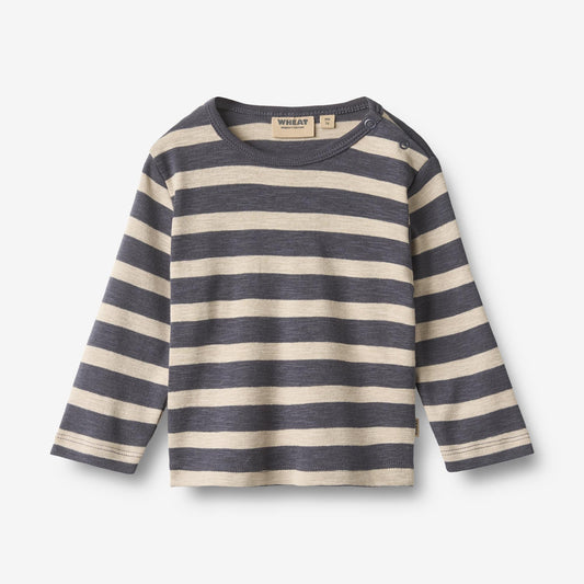 Grey and cream striped organic cotton long sleeve t-shirt for kids with snap buttons
