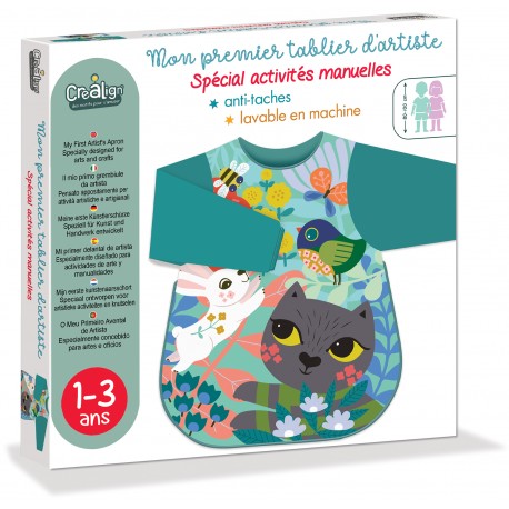 Angled view of children's cat-themed artist apron packaging showing washable fabric and age range