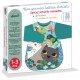 Children's cat artist apron box for ages 1-3 years featuring teal sleeves and washable design