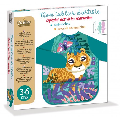 Teal children's artist apron box with cartoon tiger design for ages 3-6