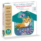 Angled view of teal children's artist apron packaging featuring tiger illustration