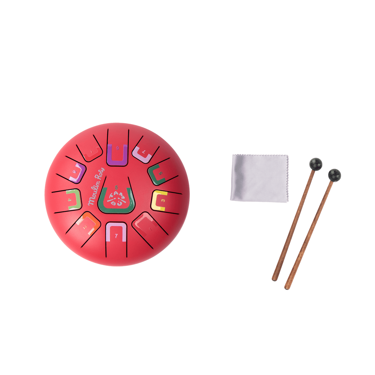 Red Moulin Roty tongue drum with wooden mallets and cleaning cloth