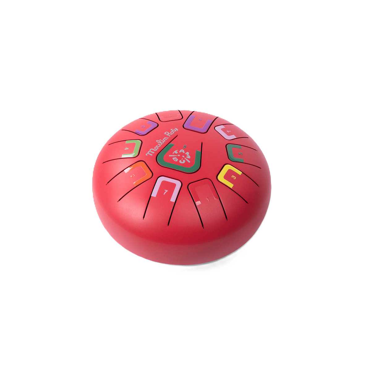 Close-up of colorful numbered tongues on red Les Popipop drum