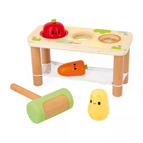 Disassembled Janod wooden vegetable hammering set with red tomato yellow potato orange carrot
