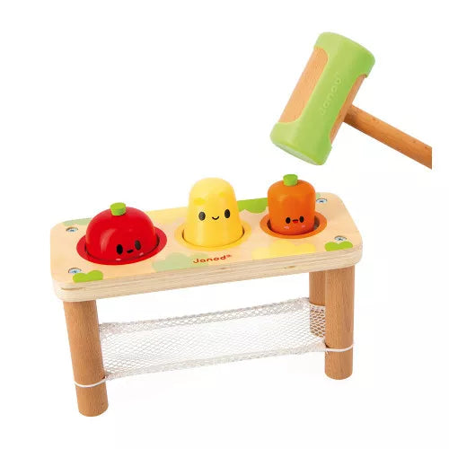 Janod wooden hammering bench with tomato potato carrot targets and mallet for toddlers