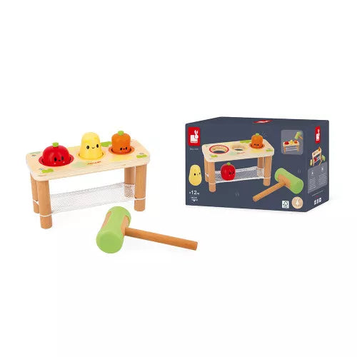 Janod wooden vegetable hammering bench toy set with mallet and retail box for toddlers