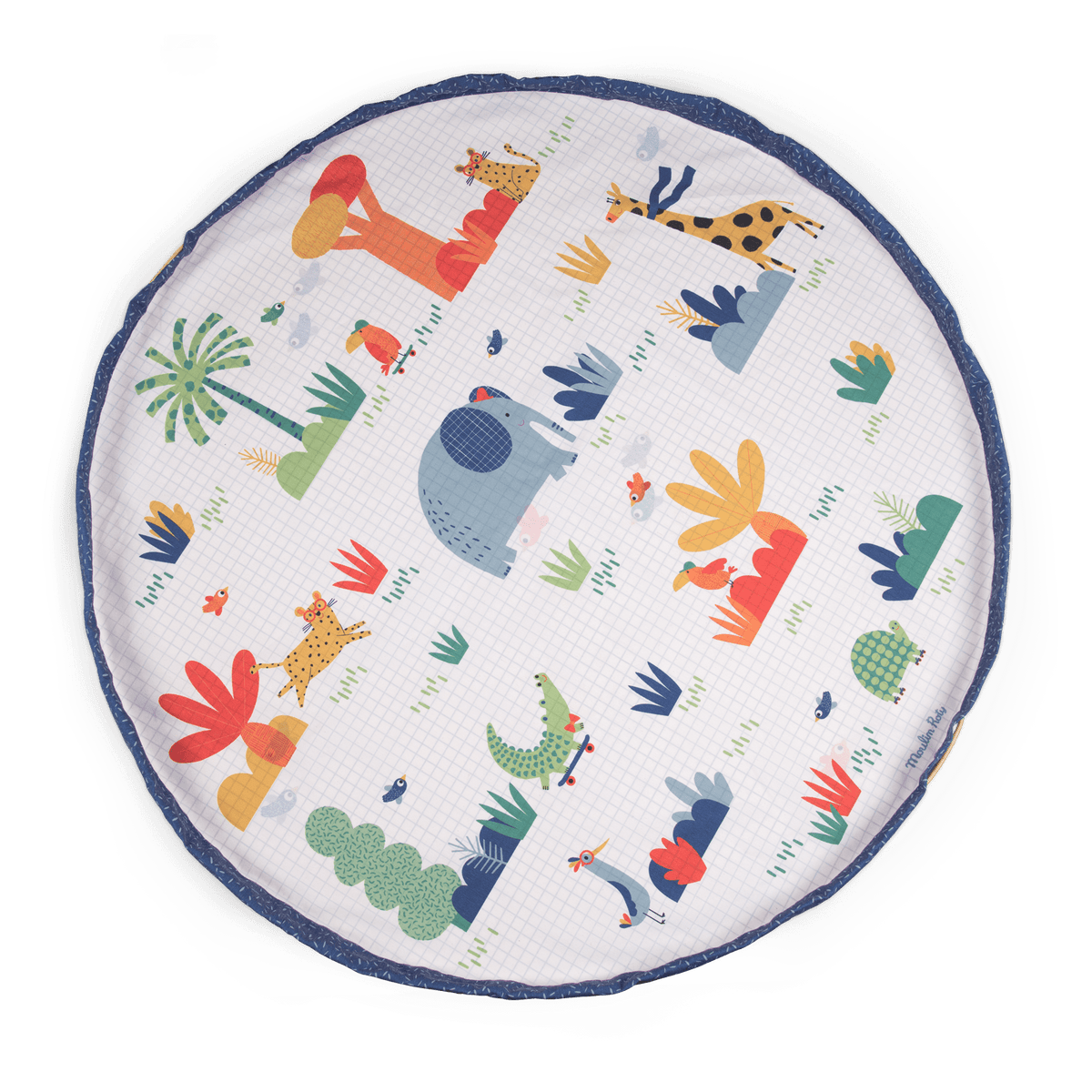 Moulin Roty Les Toupitis round playmat with jungle animal print and blue border