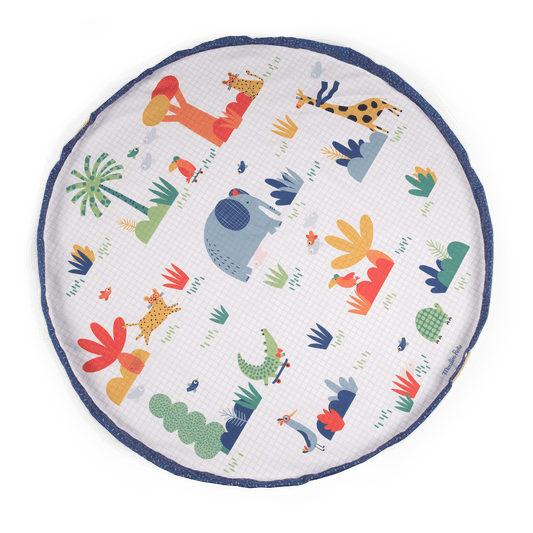 Moulin Roty Les Toupitis round playmat with jungle animal print and blue border