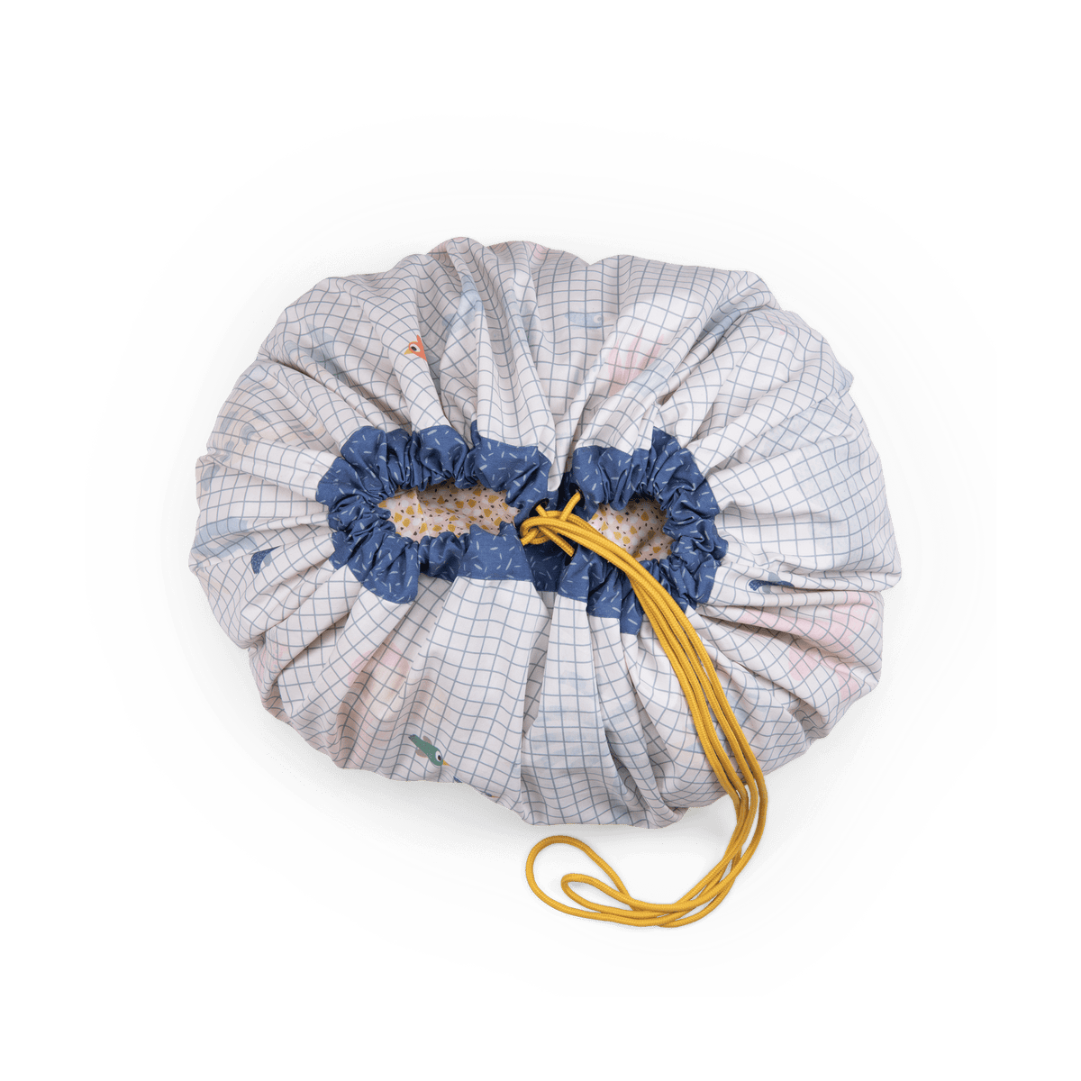 White cotton canvas playmat storage bag with mustard yellow cord