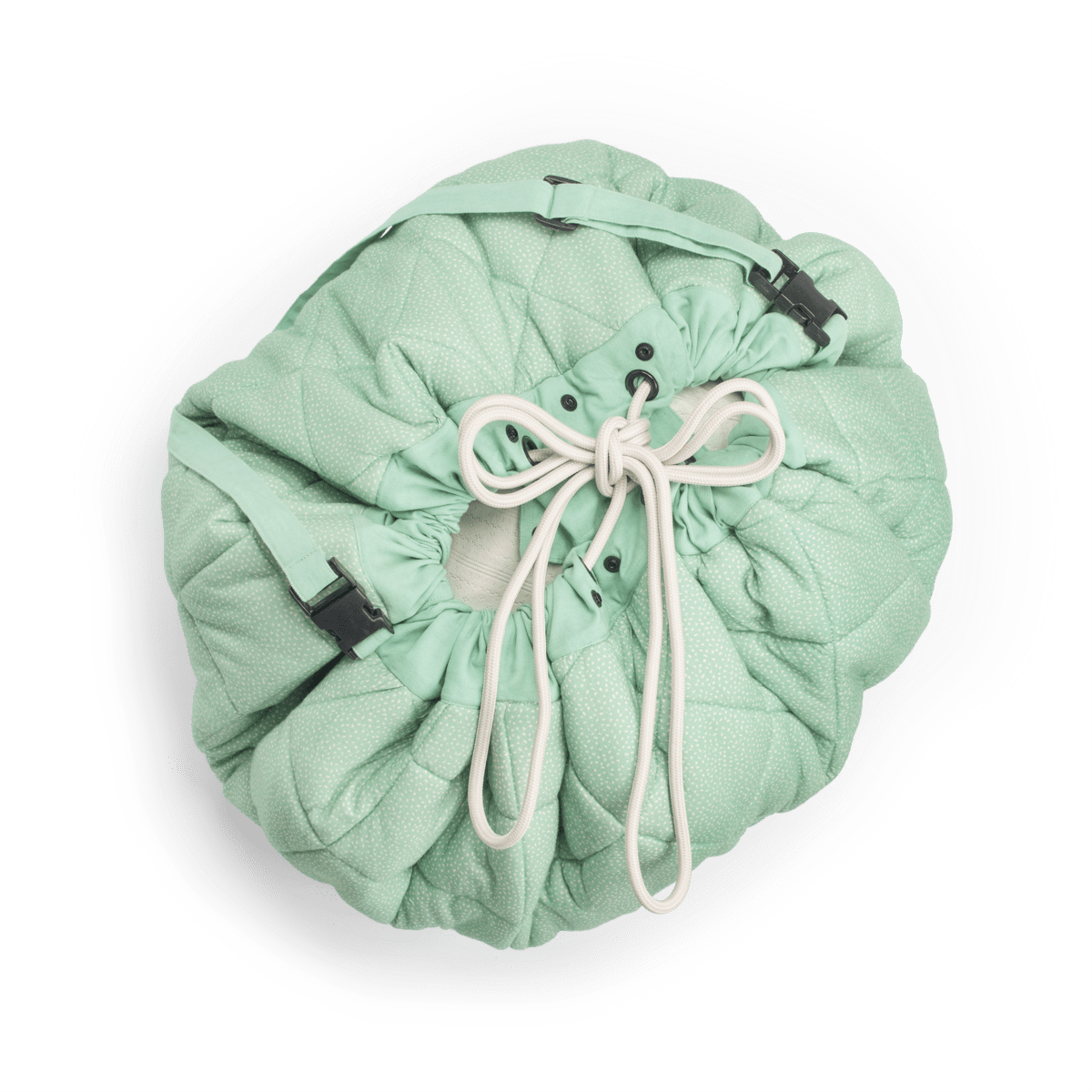 Folded playmat storage bundle with drawstring and mint-green quilted fabric
