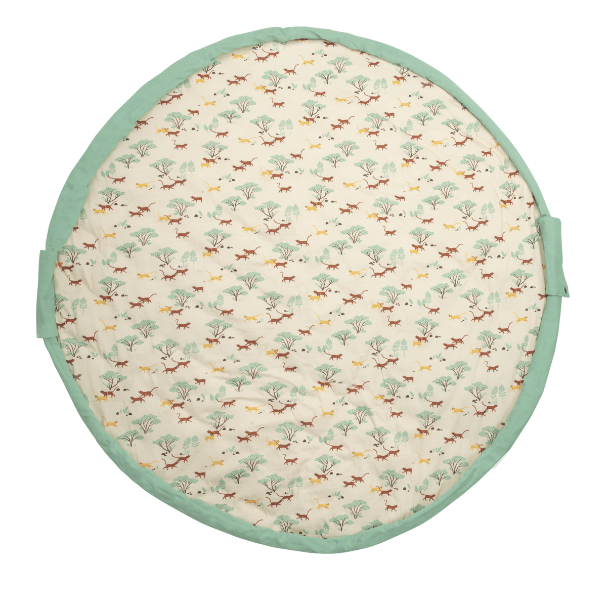 Flat lay of circular cat-print cotton playmat with mint-green rim handles