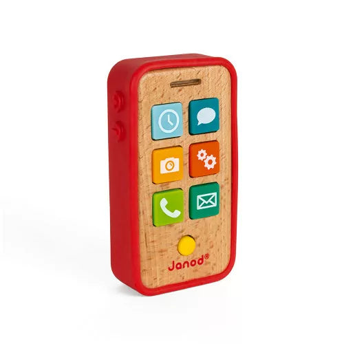 Side angle red silicone Janod wooden toy phone with colorful buttons and side controls