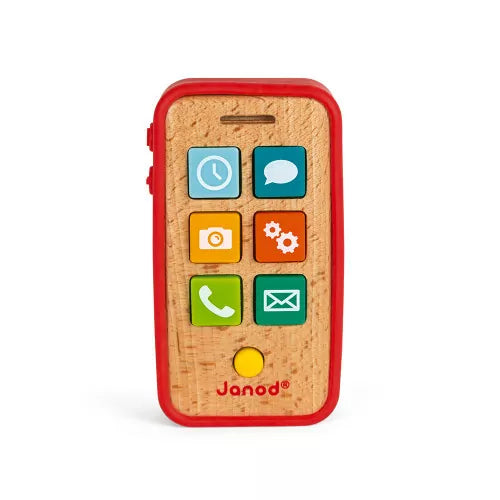 Front view red silicone Janod wooden toy phone with six colorful square buttons