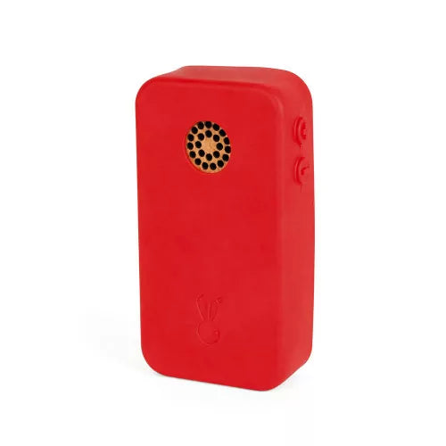 Red silicone back of Janod wooden toy phone with speaker grille and rabbit logo