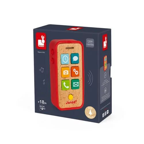 Janod wooden toy phone box red silicone case with colorful buttons for toddlers