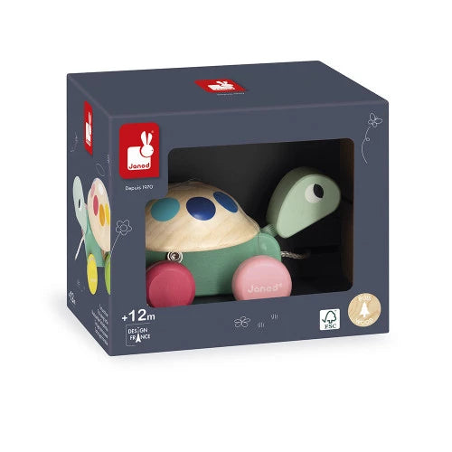 Janod wooden turtle pull-along toy inside gray box with clear window showing FSC seal and +12m label