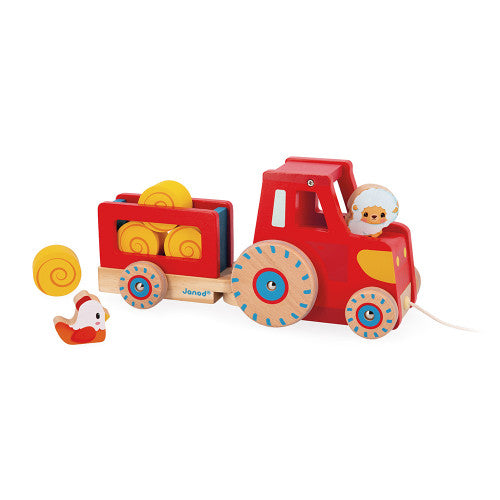 Janod red wooden pull-along tractor with trailer, sheep and chicken figures