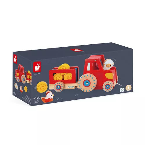 Janod red wooden tractor toy packaging angled view with farm animal details