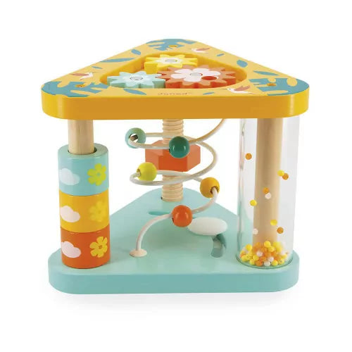 Front view of Janod Tropik wooden activity center with stackable rings and bead maze