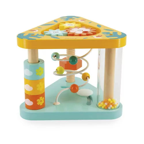Close-up of Janod Tropik wooden toy featuring transparent bead tube and spiral maze