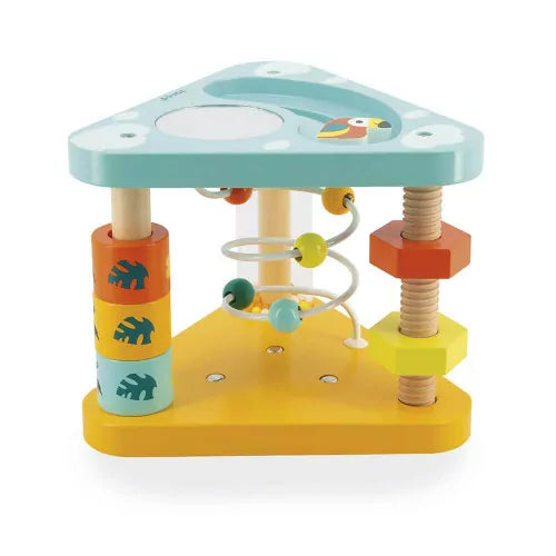 Janod Tropik wooden toy with elephant rings and screw assembly activity panel