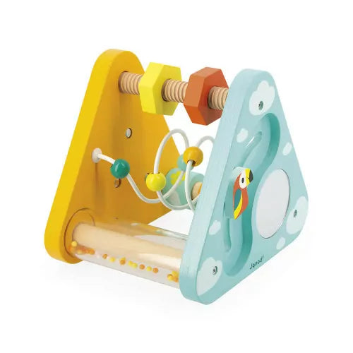 Detail of Janod Tropik wooden toy showing horizontal nut bar and bead maze track
