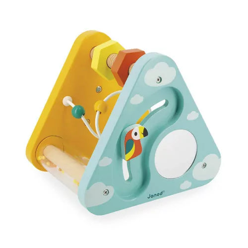 Side view of Janod Tropik wooden toy showing parrot handle and mirror detail