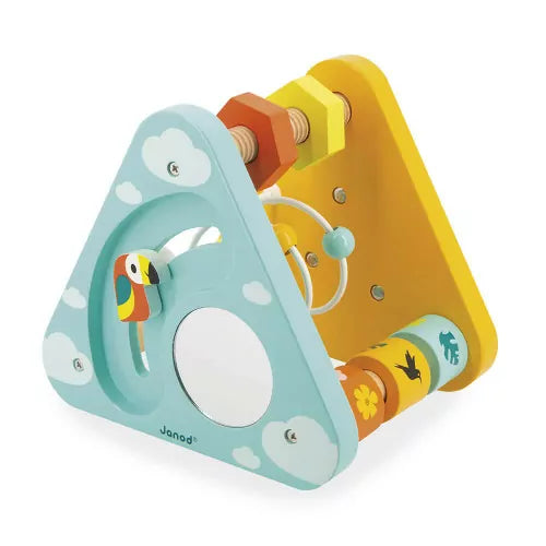 Angled shot of Janod Tropik wooden toy highlighting cloud cutouts and hexagonal knob