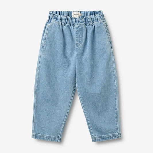 Front view of WHEAT light blue denim trousers with elastic waist and pleats