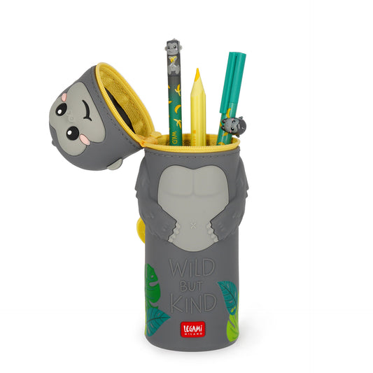 Studio shot of open grey silicone gorilla pencil case revealing yellow lining and stationery