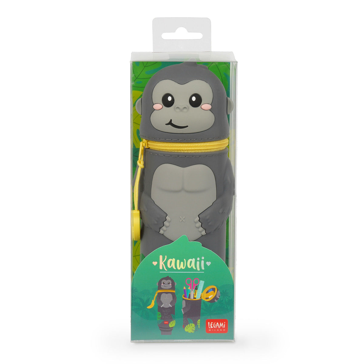 Grey Gorilla Kawaii pencil case in clear retail packaging with tropical leaf branding