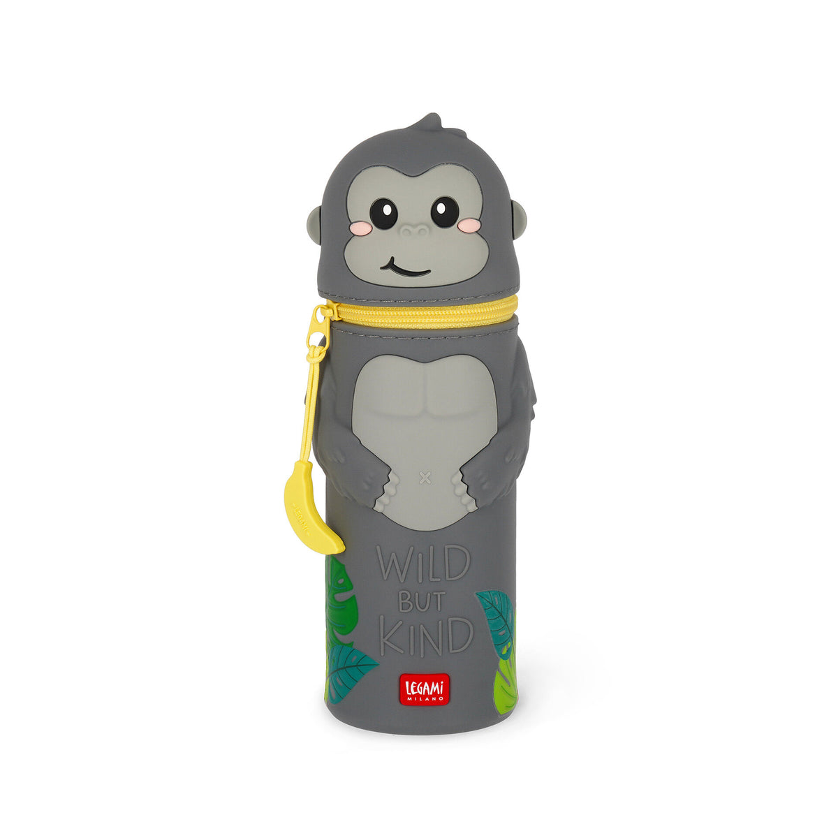 Full view of grey silicone gorilla pencil case with banana zipper pull and molded chest details