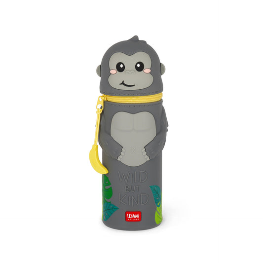 Full view of grey silicone gorilla pencil case with banana zipper pull and molded chest details