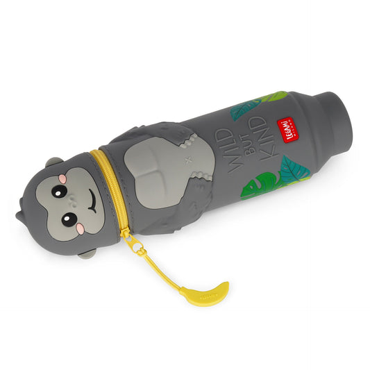 Side view of matte grey silicone gorilla pencil case showing embossed text and soft texture