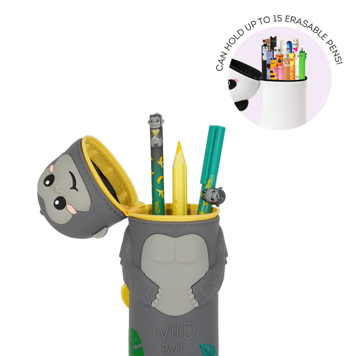 Grey silicone gorilla pencil case with inset graphic showing white variant capacity for 15 pens