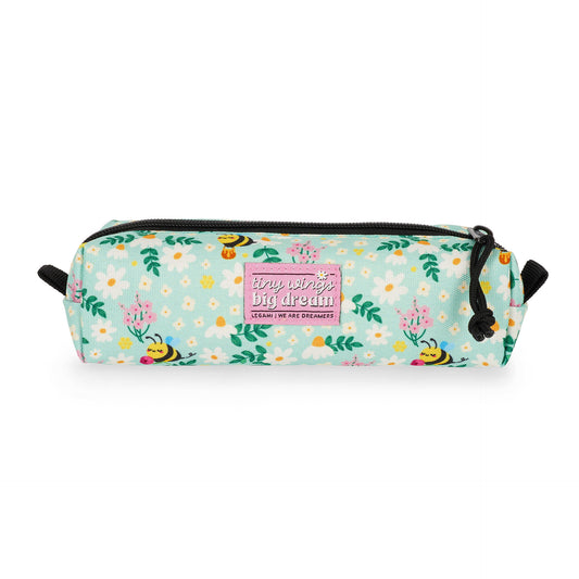Green floral bee pencil case featuring tiny wings big dream tagline