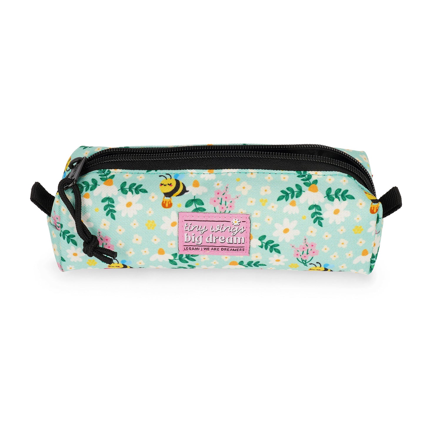 Legami green bee pencil case with daisy pattern and pink dream label