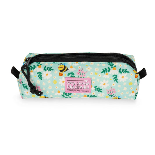 Legami green bee pencil case with daisy pattern and pink dream label