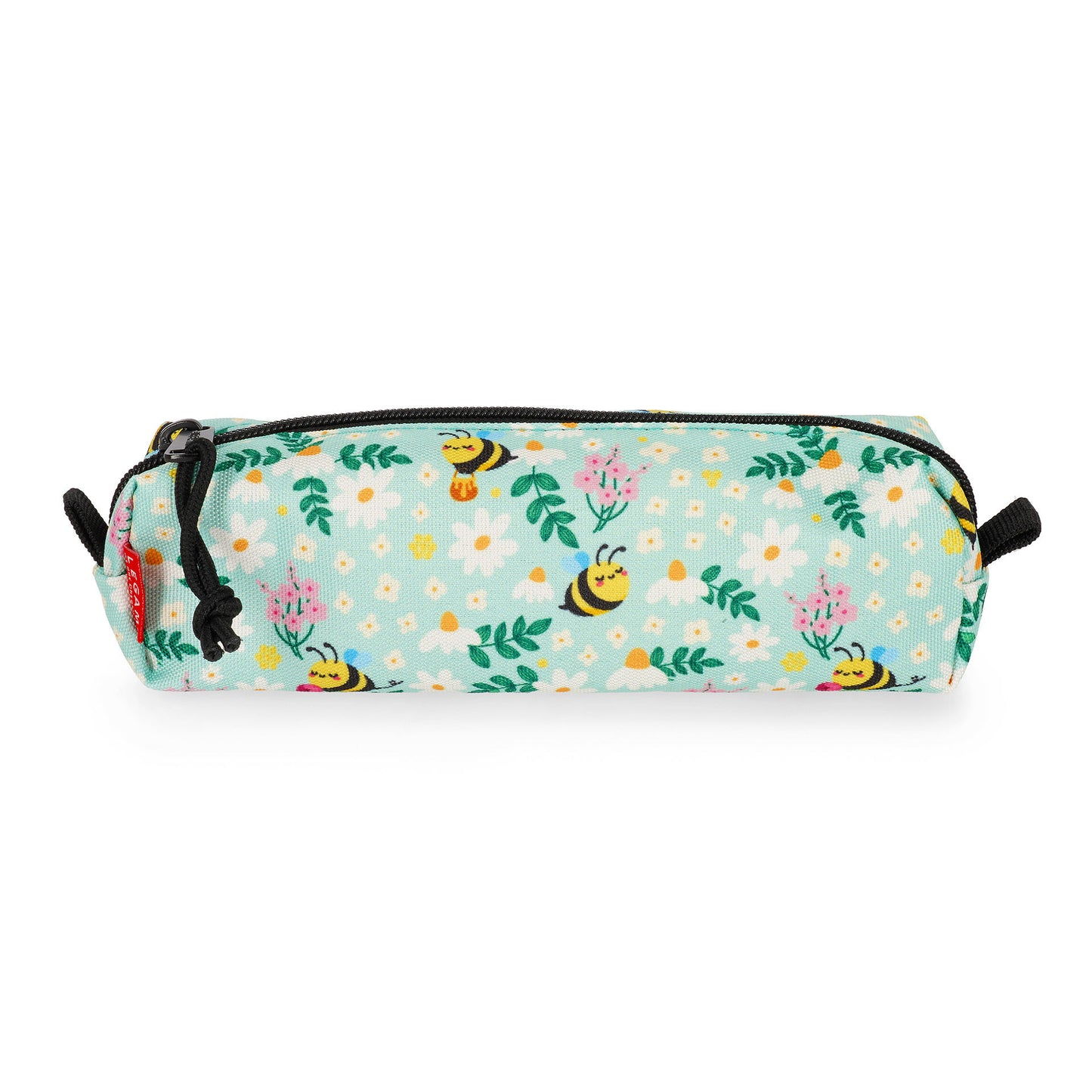 Recycled polyester bee print cylindrical pencil case with black zipper