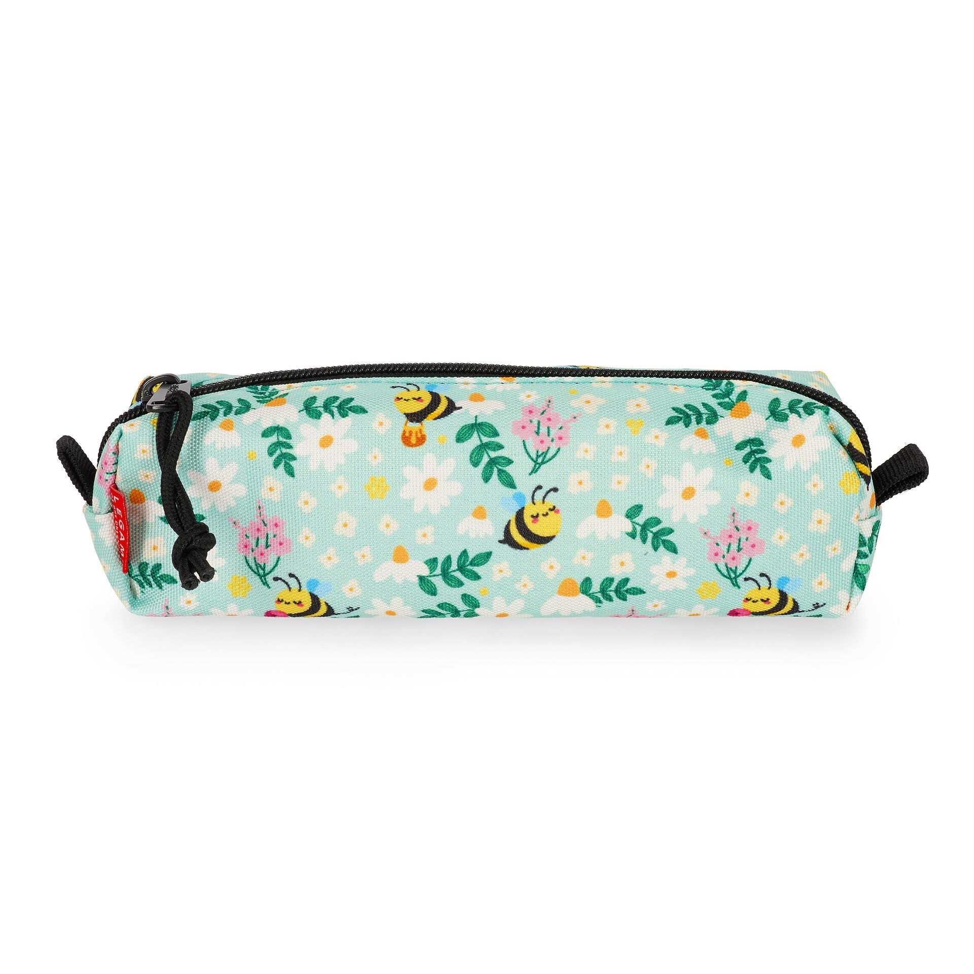 Recycled polyester bee print cylindrical pencil case with black zipper
