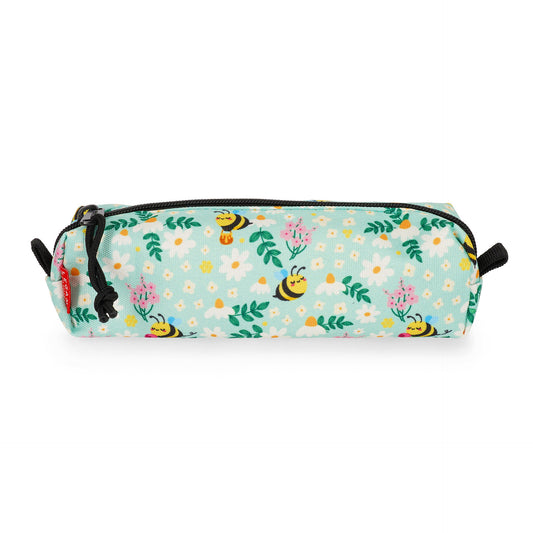 Recycled polyester bee print cylindrical pencil case with black zipper