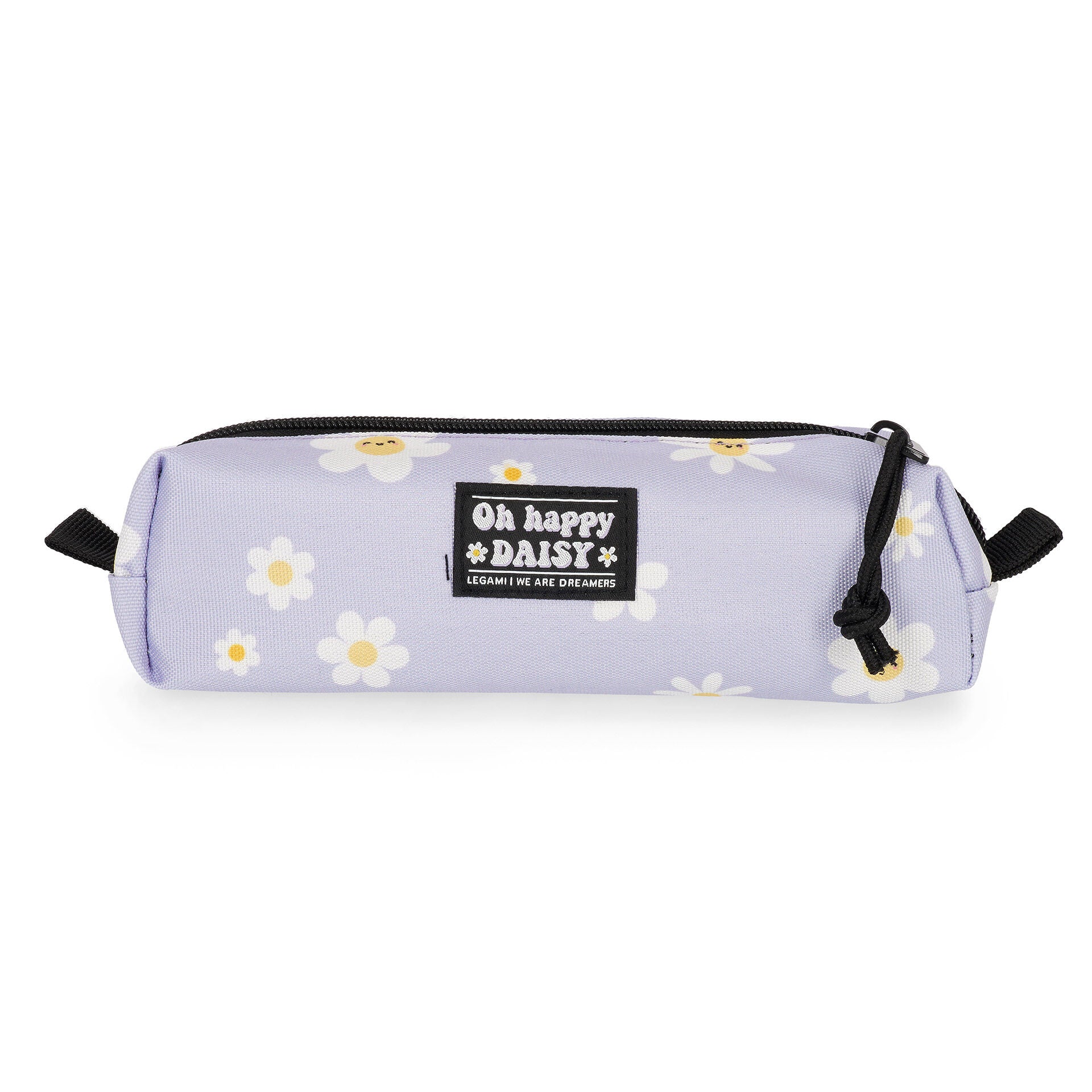 Lilac daisy print recycled polyester pencil case with black zipper and smiley flower design