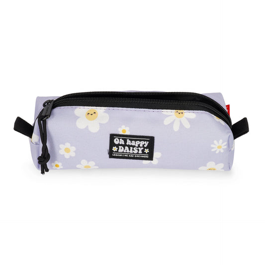 Horizontal lilac daisy pencil case showing 'Oh happy DAISY' label and spacious design