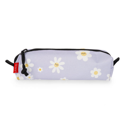 Side view of lilac Legami pencil case with white daisy pattern and red brand tag