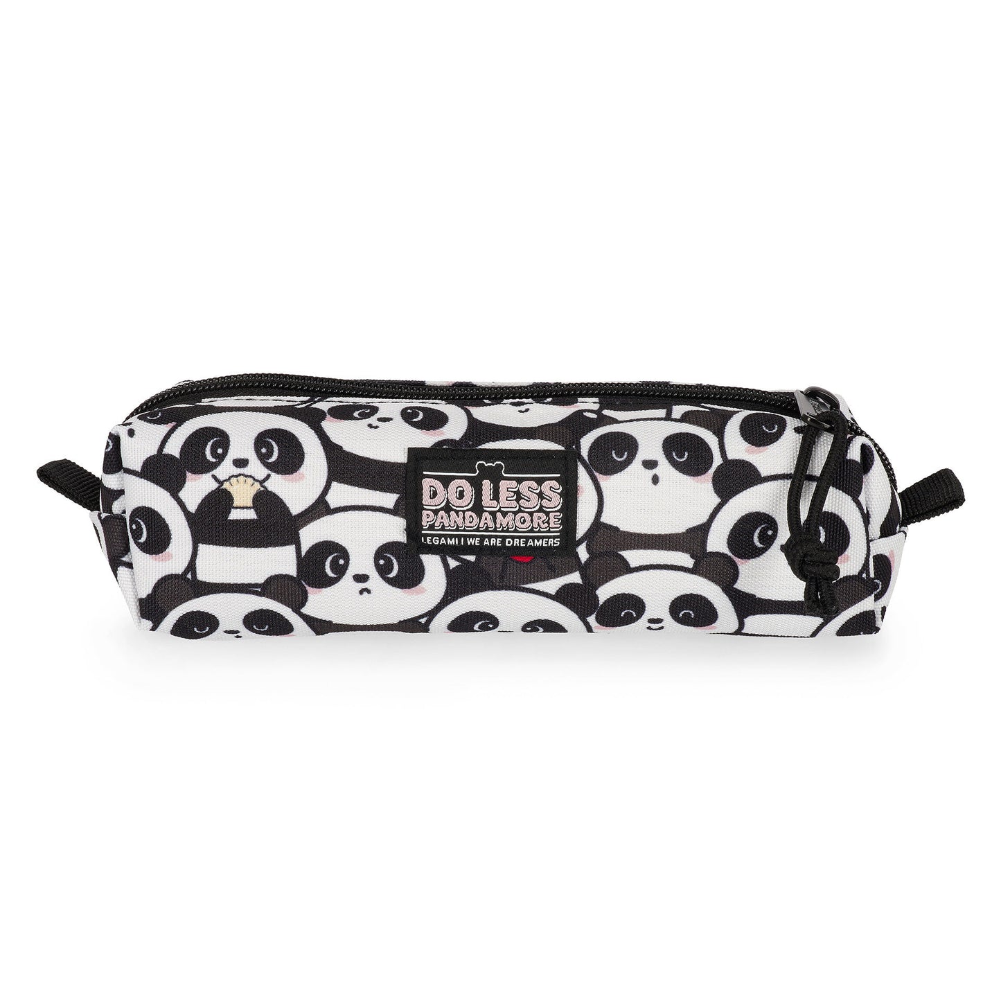 Cylindrical panda pattern pencil case with DO LESS PANDAMORE slogan patch