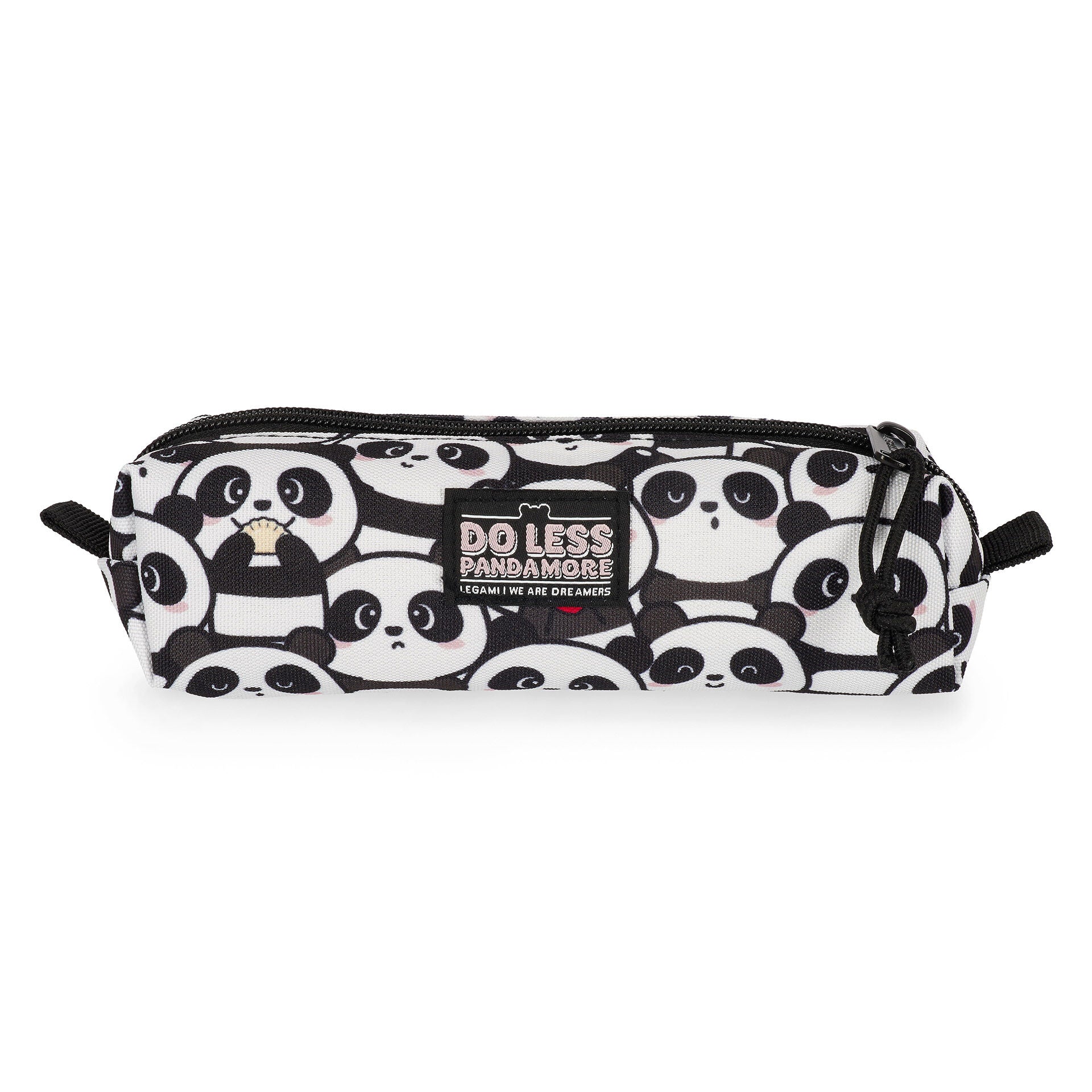 Cylindrical panda pattern pencil case with DO LESS PANDAMORE slogan patch