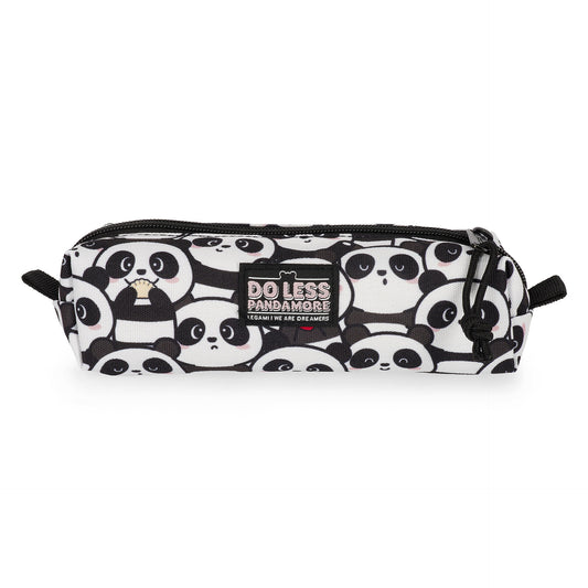 Cylindrical panda pattern pencil case with DO LESS PANDAMORE slogan patch