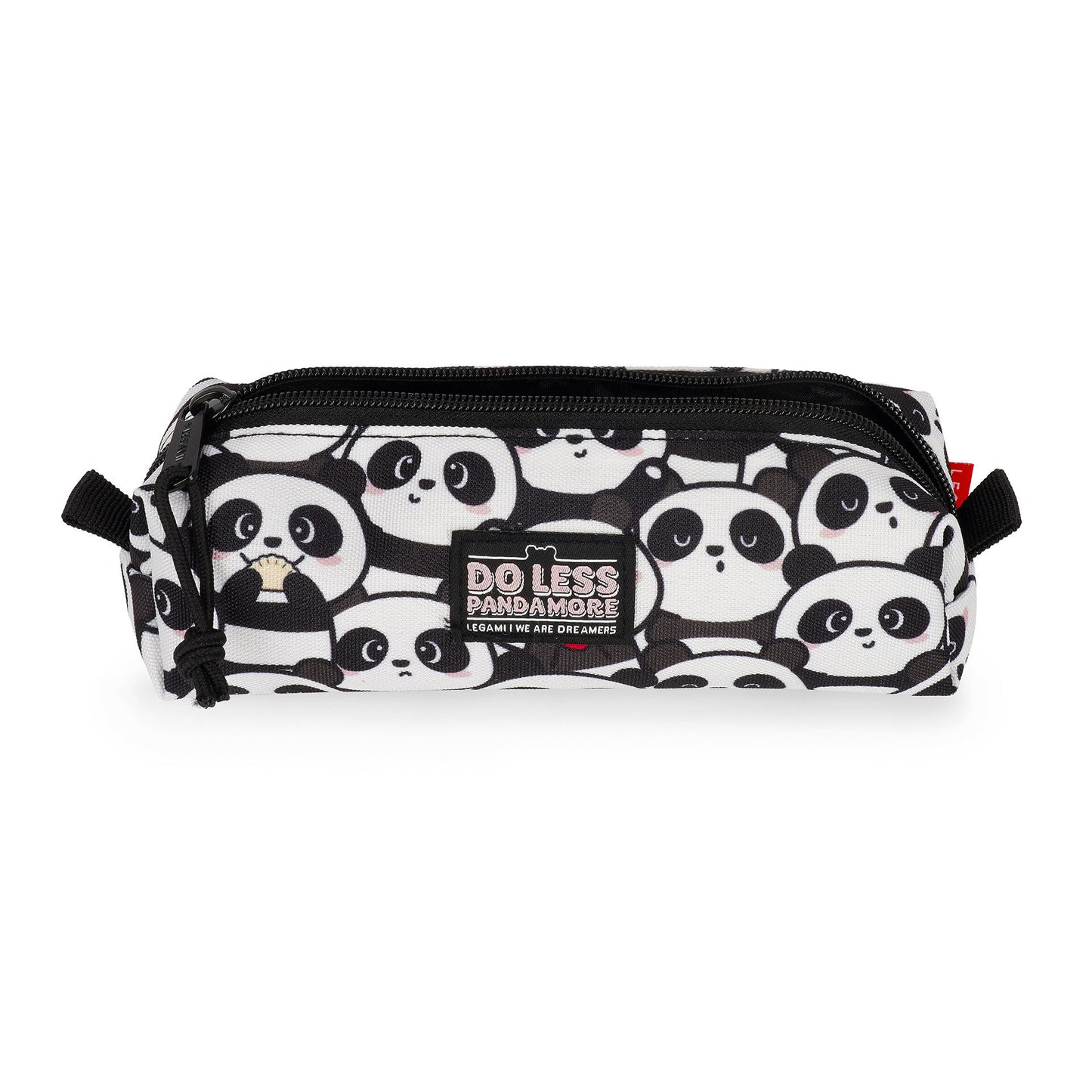 White recycled polyester panda pencil case showing front slogan and red tag