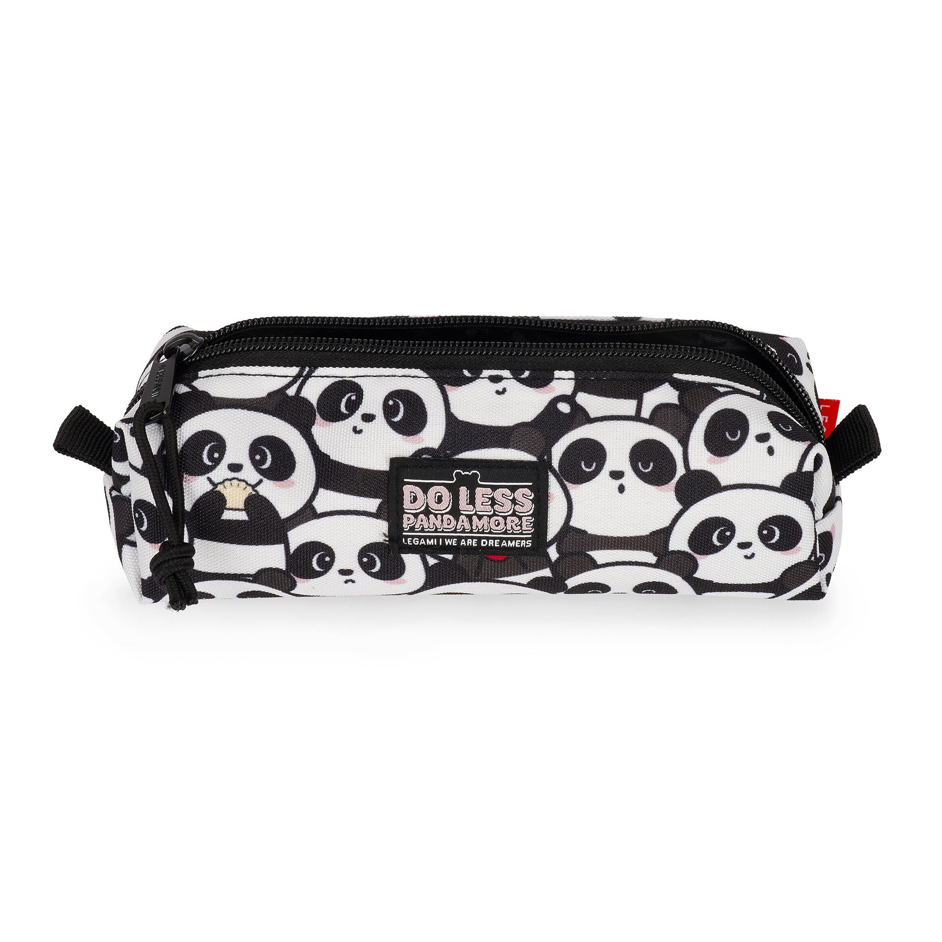 White recycled polyester panda pencil case showing front slogan and red tag